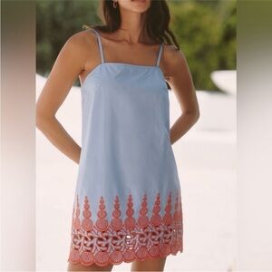 Anthropologie Celandine blue & orange scalloped slip mini dress